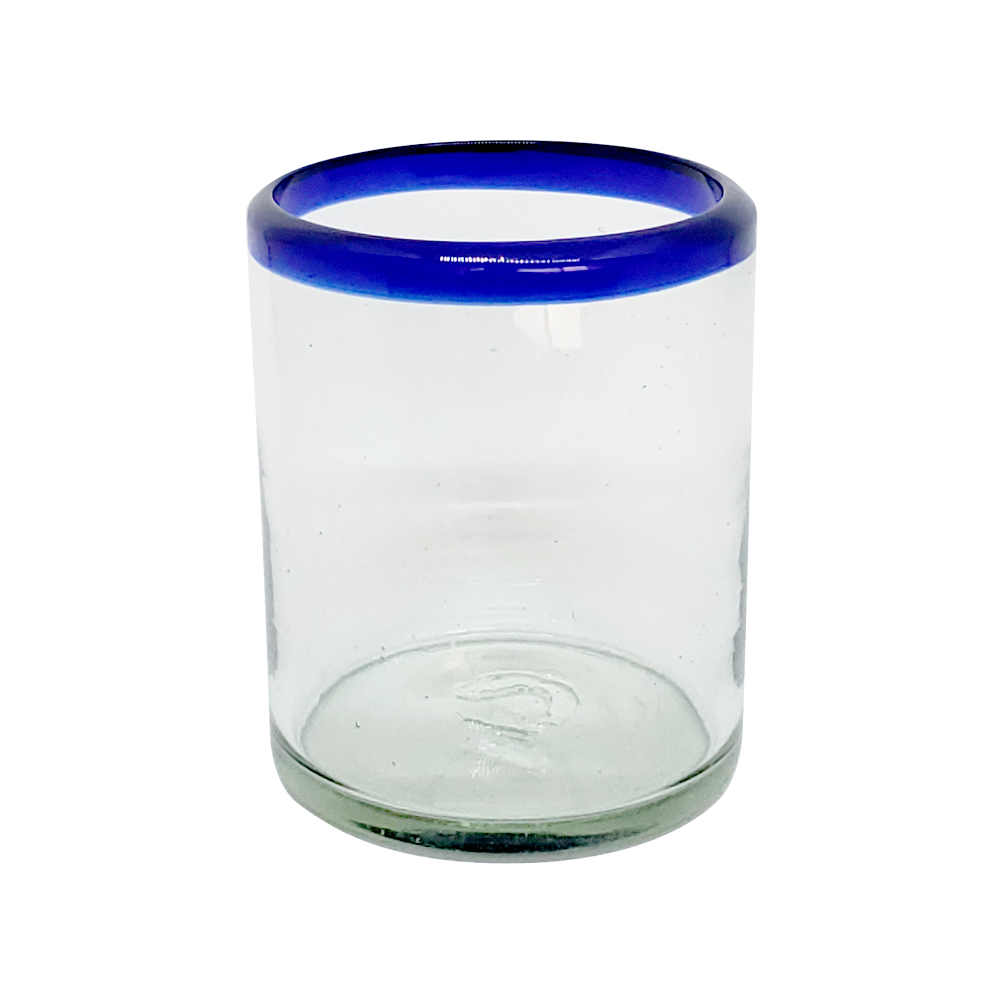 VIDRIO SOPLADO / vasos chicos con borde azul cobalto, 10 oz, Vidrio Reciclado, Libre de Plomo y Toxinas